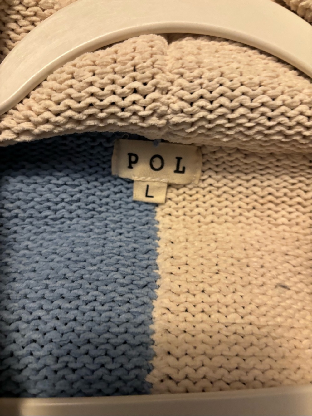 POL Blue and Cream Patchwork Hooded Cardigan Sweater - Picture 2 of 5